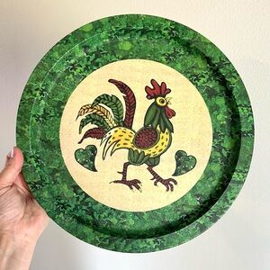 Vintage Rooster Dark Green Hand Painted Floral Tole Tray Toleware Folk Art